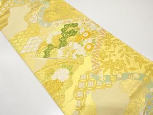 大特価品　川島織物製　地紙に笠松・菊・枝垂れ桜模様織り出し　袋帯